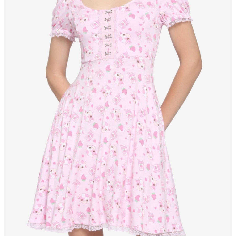 Pastel Pink Strawberry Milk Cow Dress Size Small